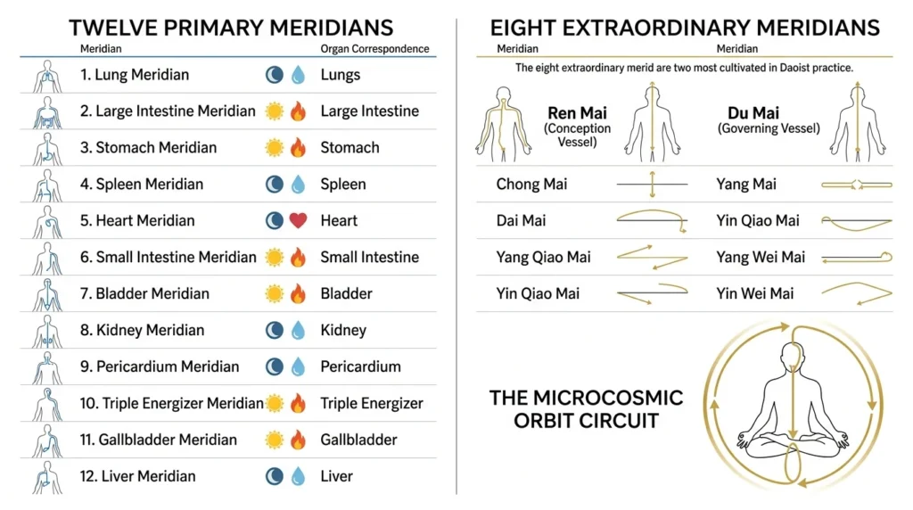 Educational infographic showing twelve primary meridians with organ correspondences and eight extraordinary meridians