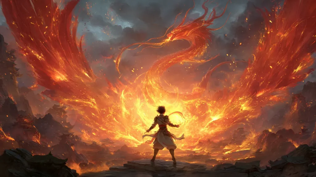 A cultivator surrounded by flames and phoenix shaped fire energy in a volcanic landscape.