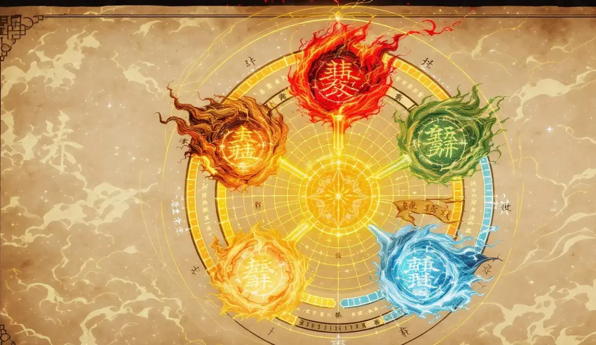 The five elements with glowing lines showing how each element generates and controls the others.