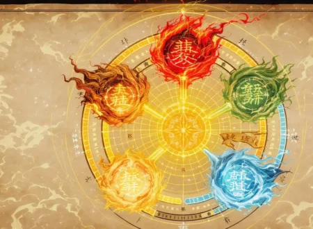 The five elements with glowing lines showing how each element generates and controls the others.