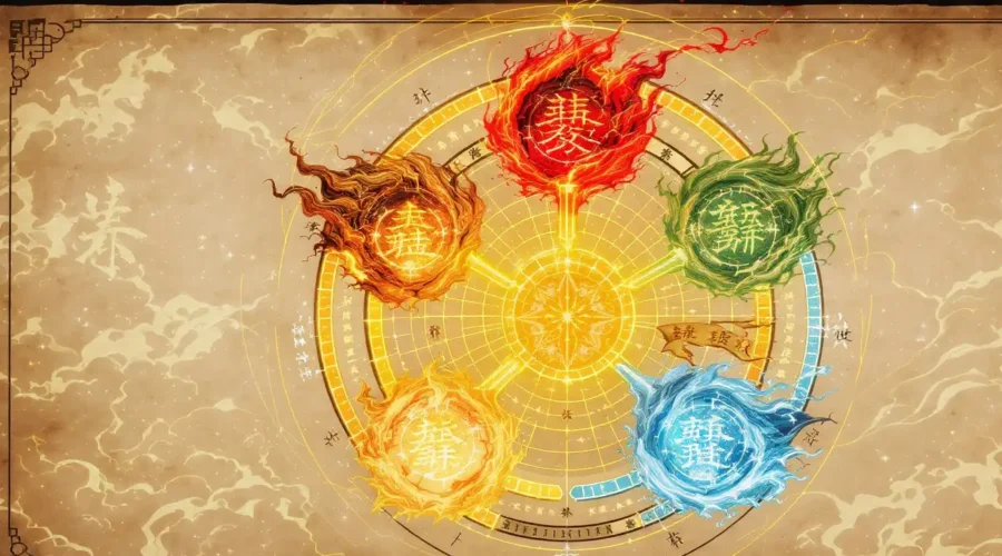 The five elements with glowing lines showing how each element generates and controls the others.