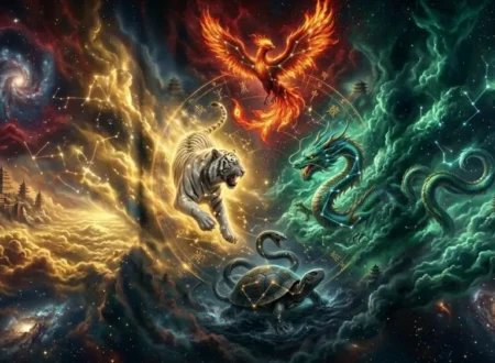 The Four Symbols -Azure Dragon, Vermilion Bird, White Tiger, and Black Tortoise in a celestial formation