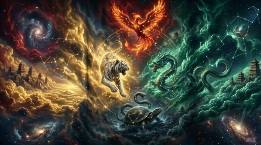 The Four Symbols -Azure Dragon, Vermilion Bird, White Tiger, and Black Tortoise in a celestial formation