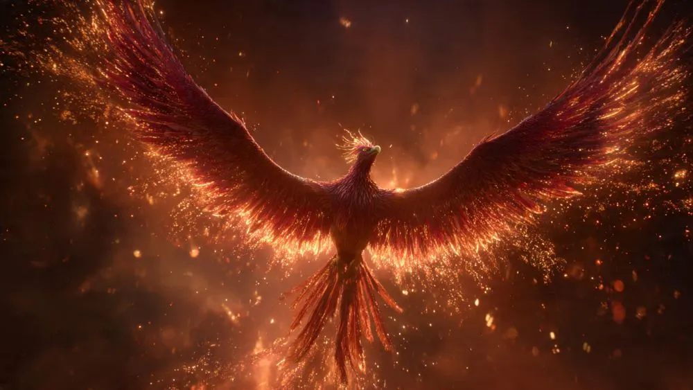 Vermilion Bird Suzaku surrounded by fire representing the south and summer in Chinese mythology