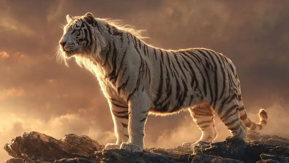 White Tiger Baihu representing the west and autumn with golden light and strong warrior presence