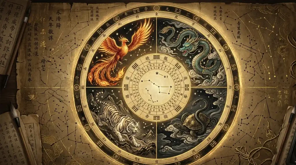Ancient Chinese celestial mandala showing the four guardian beasts, Azure Dragon, Vermilion Bird, White Tiger, and Black Tortoise in their cardinal directions