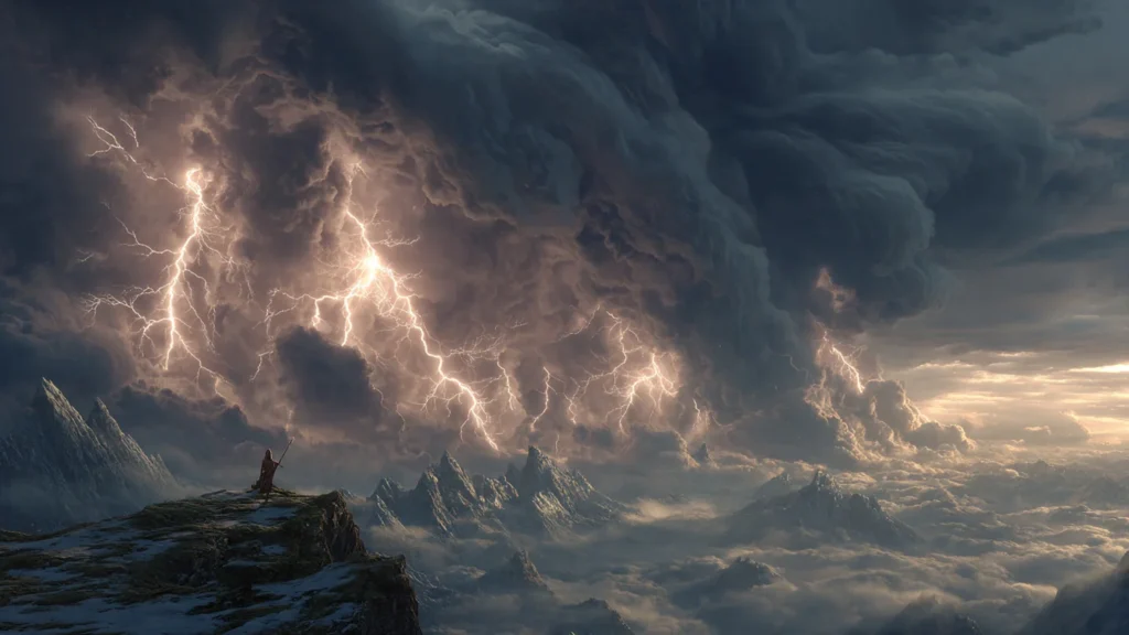 A cultivator undergoing a dangerous lightning tribulation during a breakthrough.