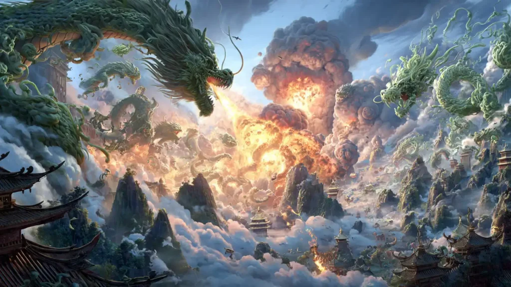 Cultivators battle using attacks based on the five Chinese elements in a fantasy landscape.