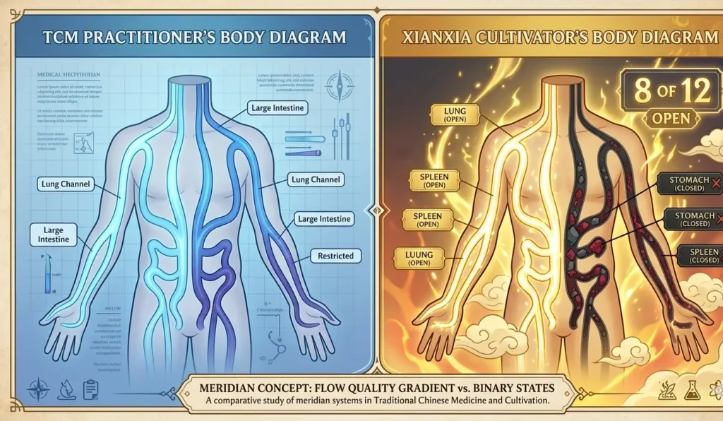 Split comparison infographic showing TCM meridians as a flow gradient versus xianxia cultivation meridians