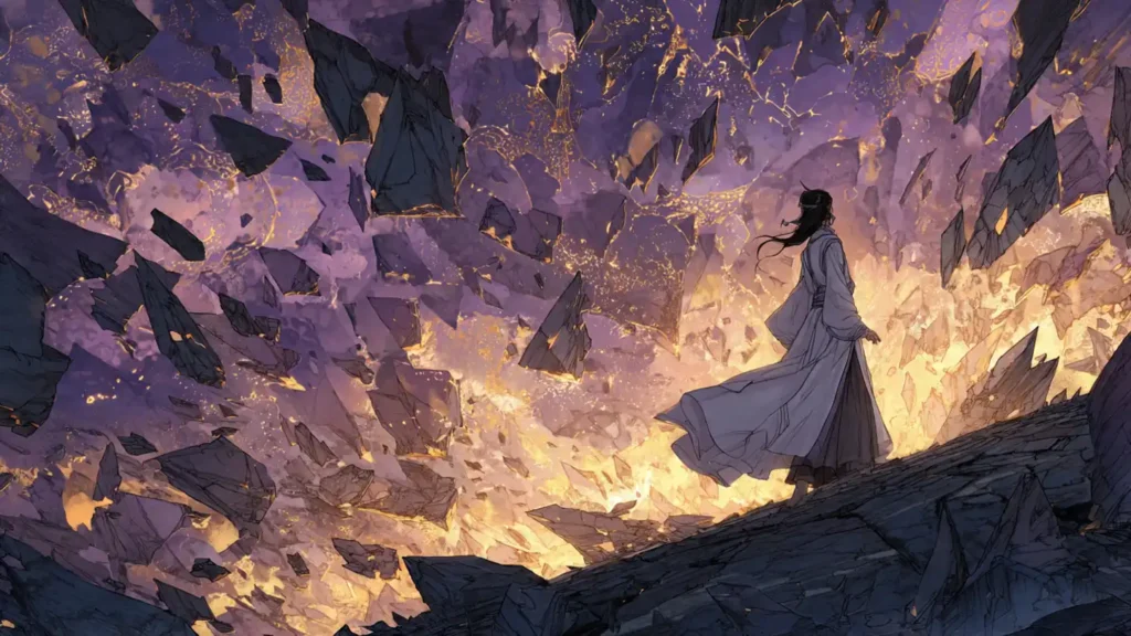 Cultivator reaching toward a shattering sky of dao fragments in an I Shall Seal the Heavens inspired scene