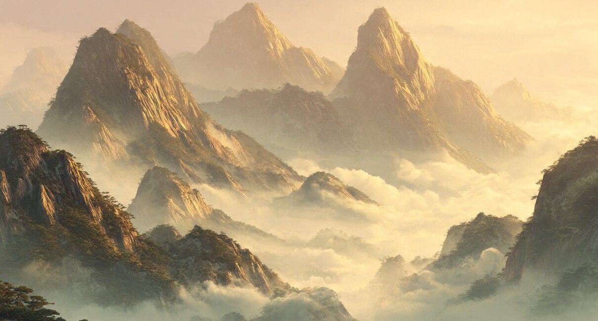 Immortal cultivation mountains with qi energy representing cultivation realms and breakthroughs