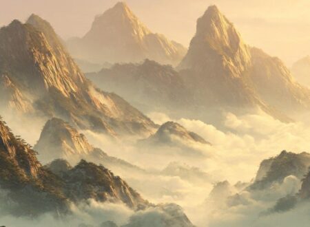 Immortal cultivation mountains with qi energy representing cultivation realms and breakthroughs