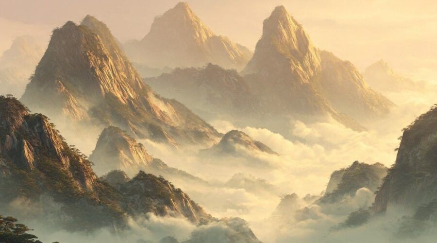 Immortal cultivation mountains with qi energy representing cultivation realms and breakthroughs