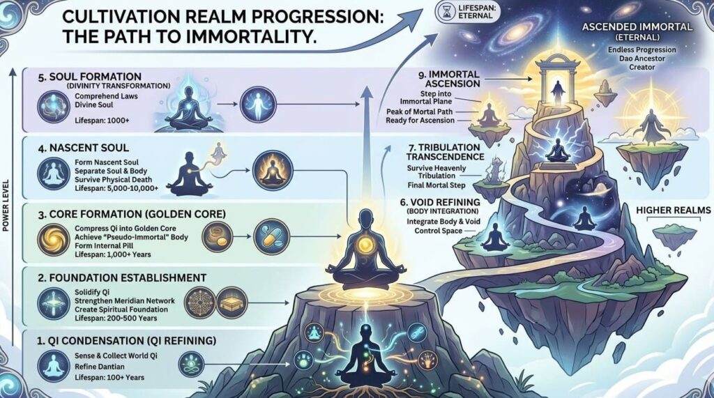 Cultivation stages explained from qi condensation to nascent soul and higher Immortal Realms