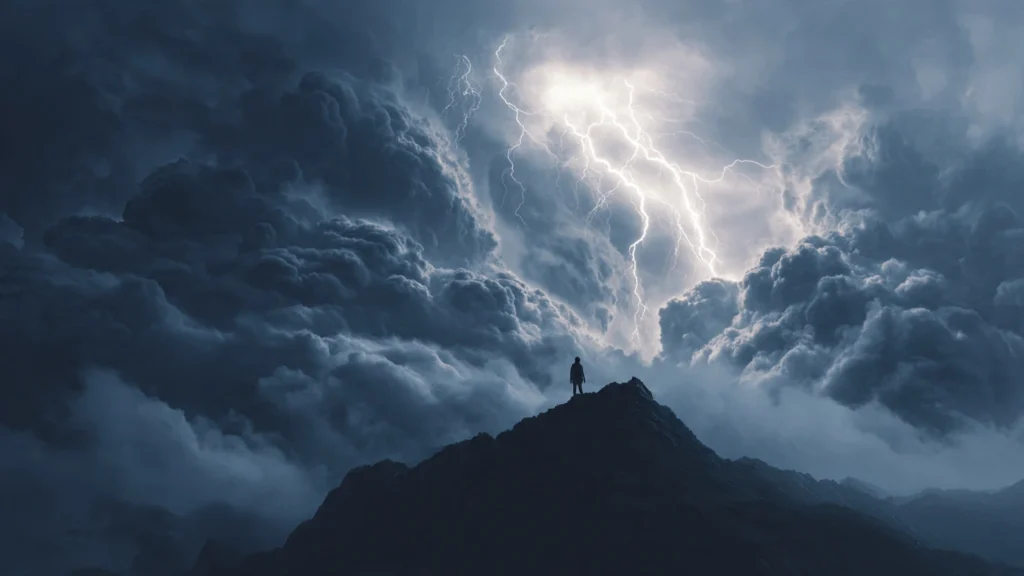 A cultivator withstands powerful lightning during a heavenly tribulation.