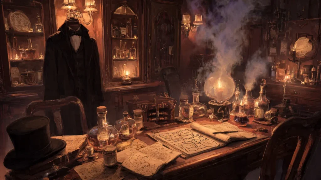 Victorian occultist study with glowing sequence pathway diagrams representing the Lord of the Mysteries cultivation system