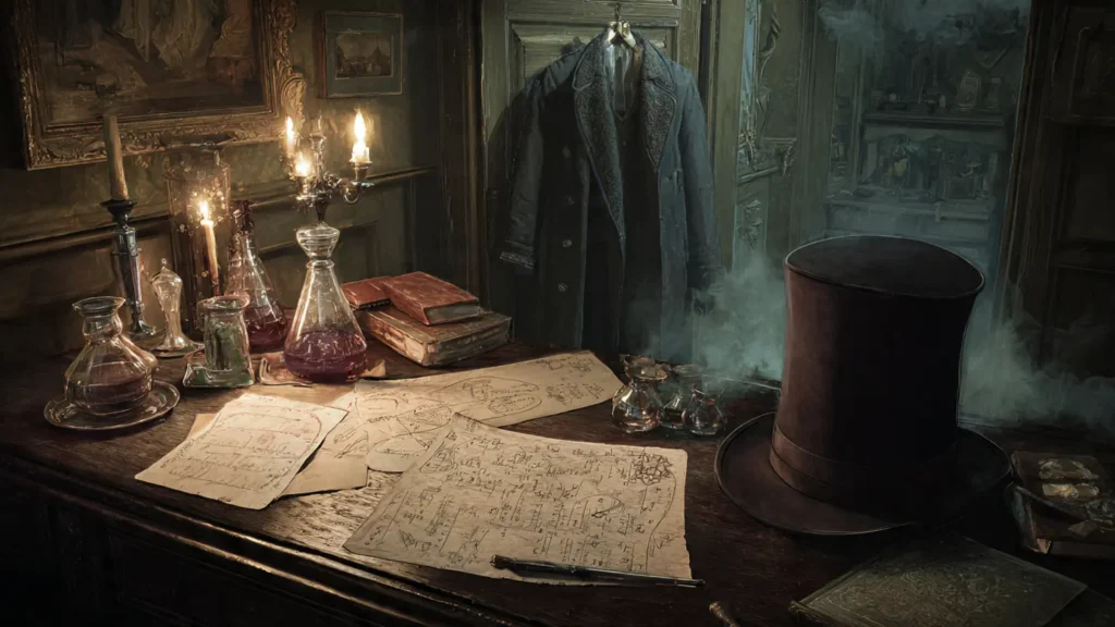Victorian occultist study with glowing sequence pathway diagrams representing the Lord of the Mysteries 2 cultivation system