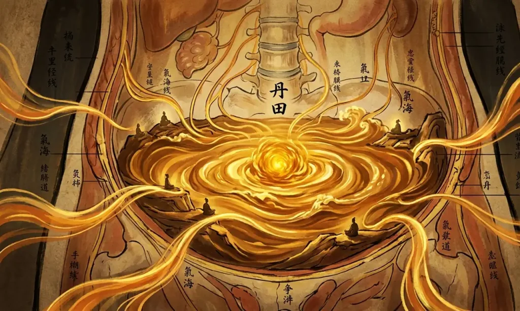 Anatomical illustration of the lower dantian as a glowing golden internal qi sea