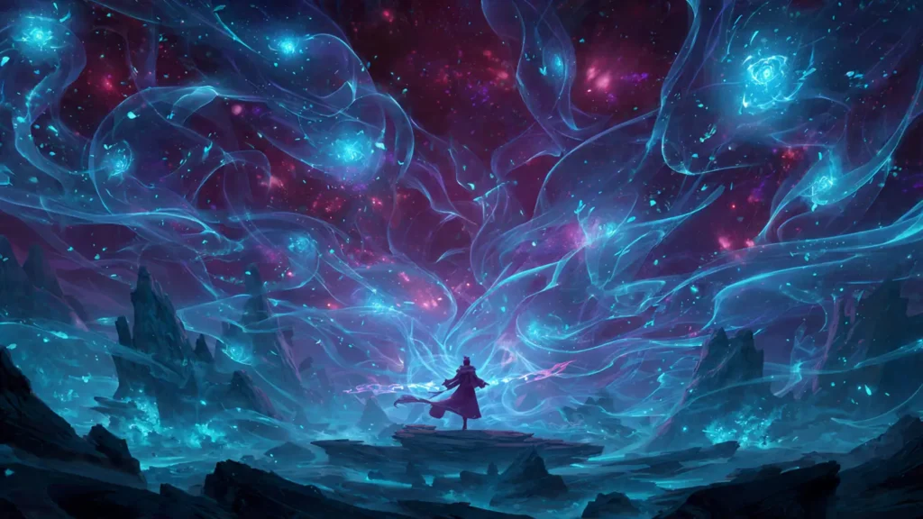 A cultivator at Mahayana level radiates cosmic energy above floating mountains.