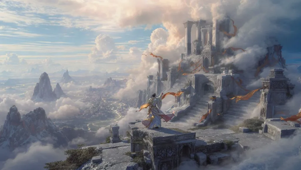 Yang Kai standing victorious on a floating mountain surrounded by clouds and ancient ruins