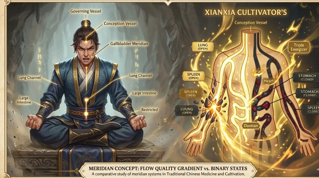 Xianxia cultivator in intense meridian opening breakthrough moment with golden qi energy fracturing