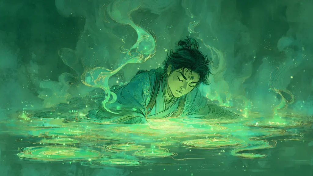 Young xianxia cultivator immersed in a glowing jade spiritual spring during meridian washing with green qi entering acupoints