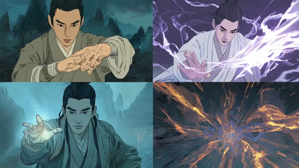Four-panel illustration of meridian treatment across Jin Yong wuxia ARMJTOI and Battle Through the Heavens, showing different cultivation approaches to qi channels