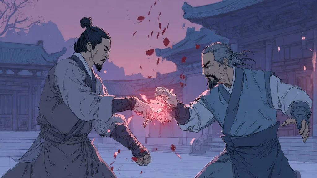 Wuxia martial artist pressing a precise acupoint on an opponent's arm to seal the meridian channel
