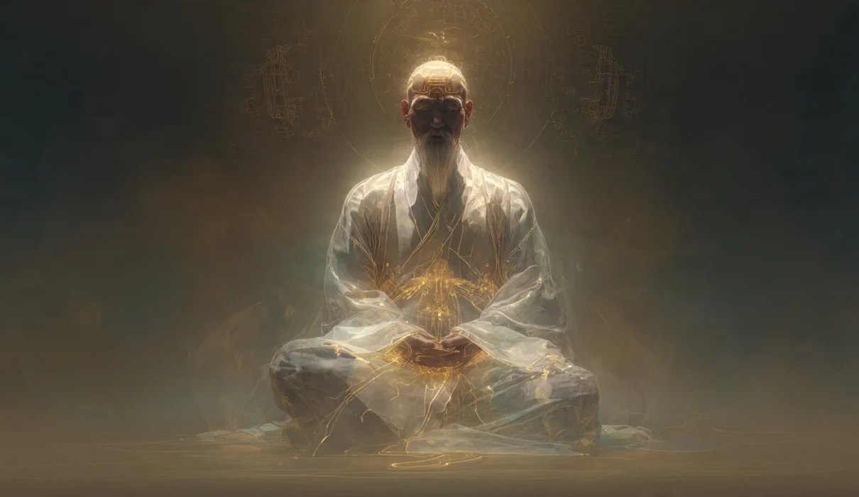 a Daoist semi-transparent body showing glowing golden meridians of qi channels branching from the dantian