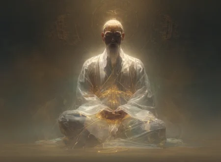 a Daoist semi-transparent body showing glowing golden meridians of qi channels branching from the dantian