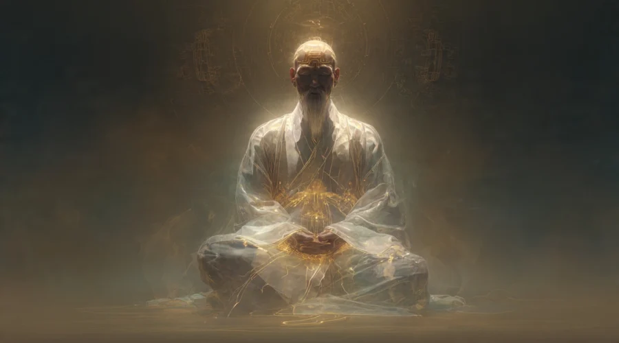 a Daoist semi-transparent body showing glowing golden meridians of qi channels branching from the dantian