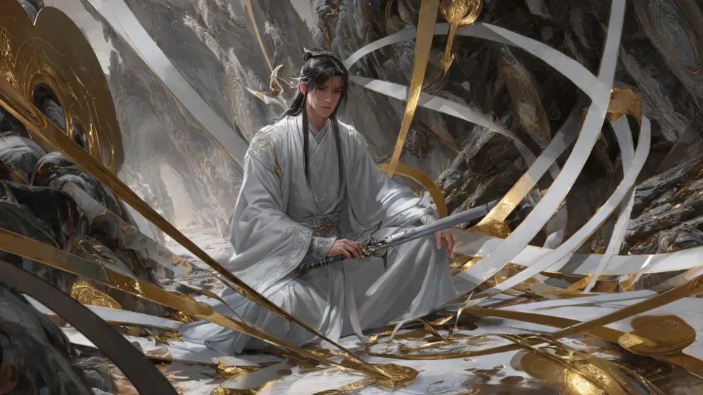 A cultivator controls floating blades and metallic energy in a mystical forge setting.