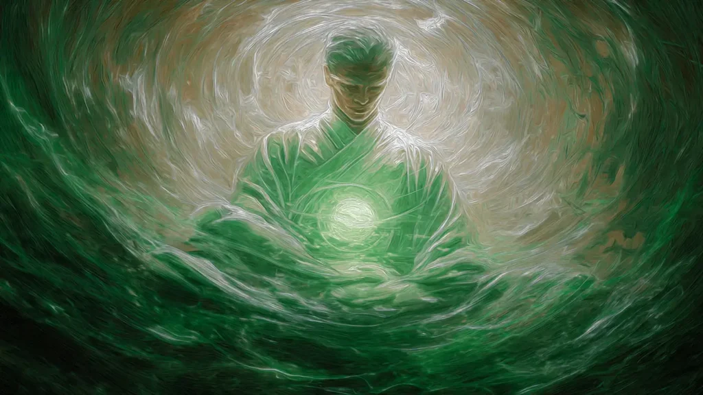 Cultivator with semi-transparent chest revealing a turbulent middle dantian spiritual energy sphere