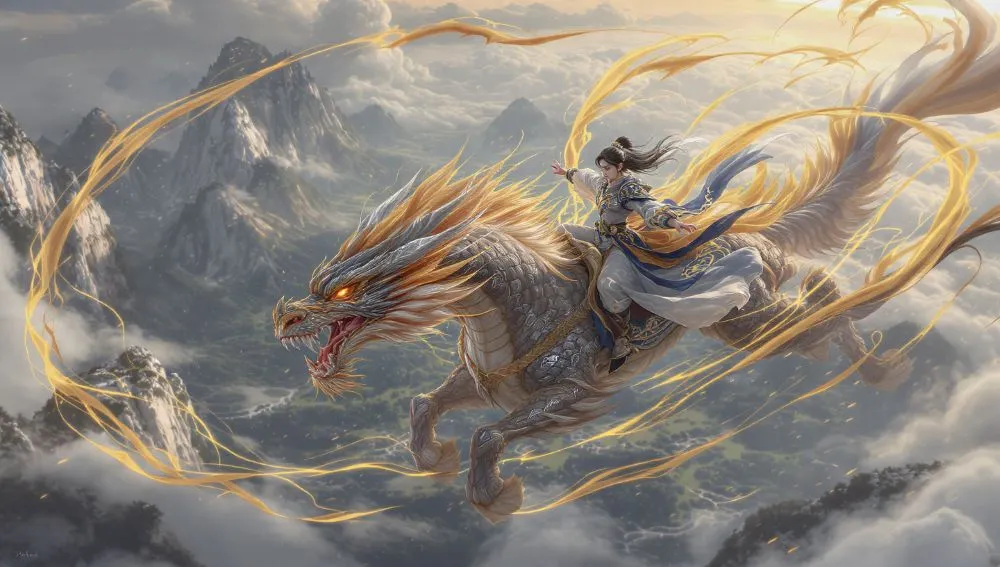 A young xianxia protagonist riding it's companion beast the longma