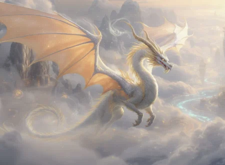 A Visual Representation of The Mythical Creature Longma Threading Upon the Clouds