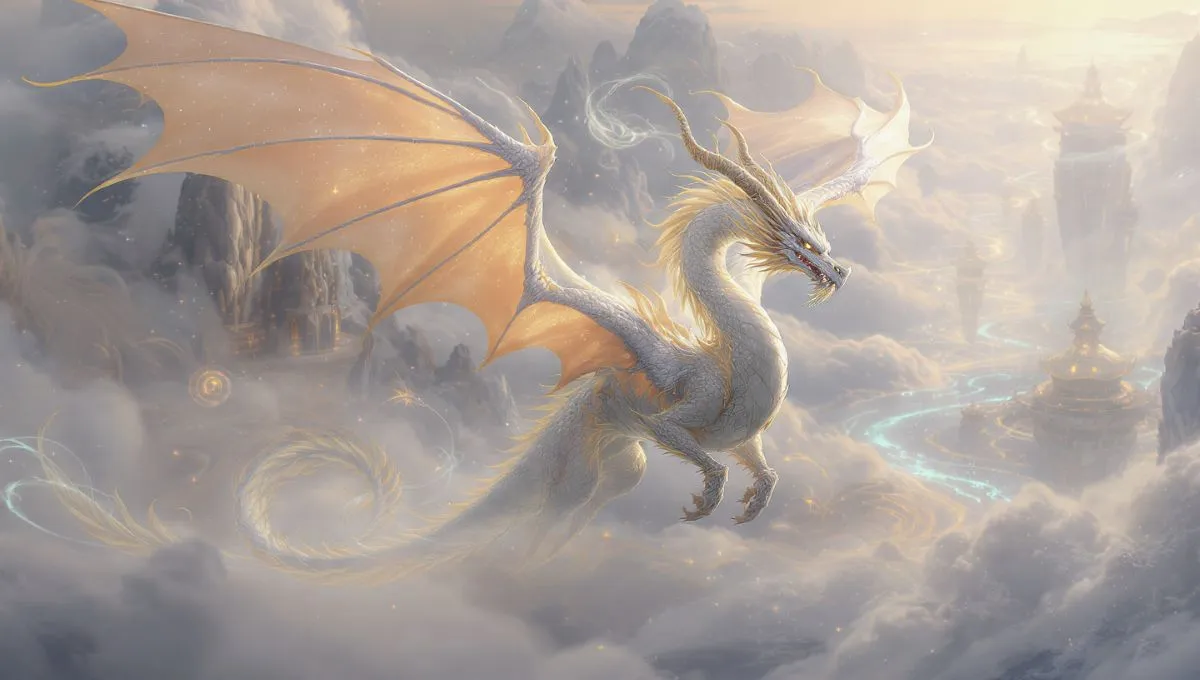 A Visual Representation of The Mythical Creature Longma Threading Upon the Clouds