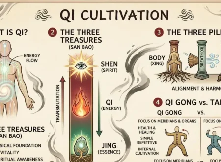 An infographic diagram illustrating the four aspects of Qi cultivation