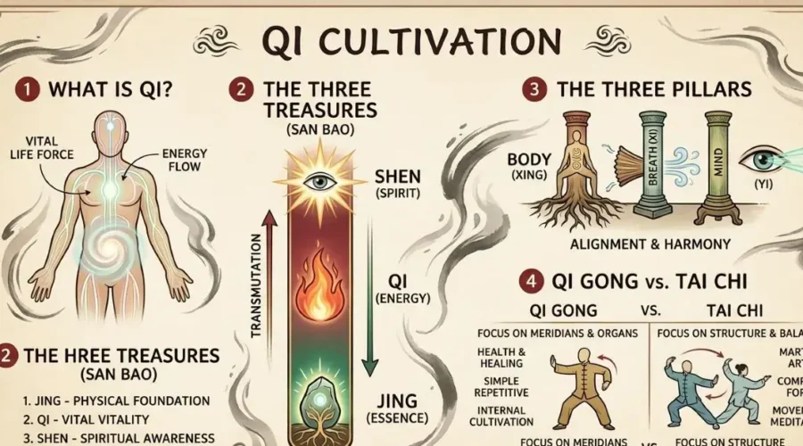 An infographic diagram illustrating the four aspects of Qi cultivation