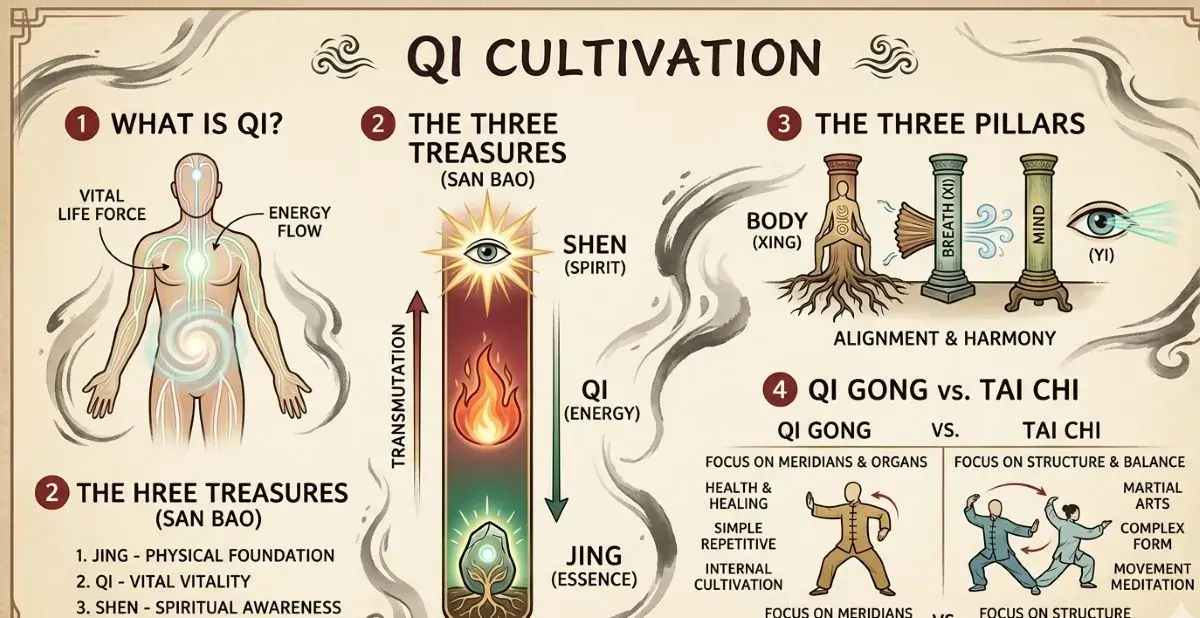 An infographic diagram illustrating the four aspects of Qi cultivation