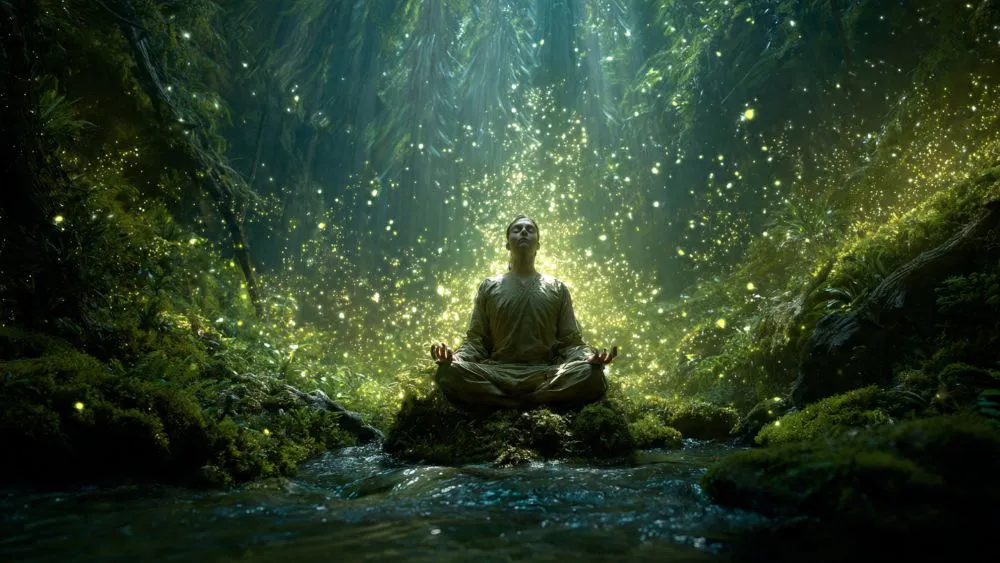 cultivator absorbing Qi from natural surroundings during meditation