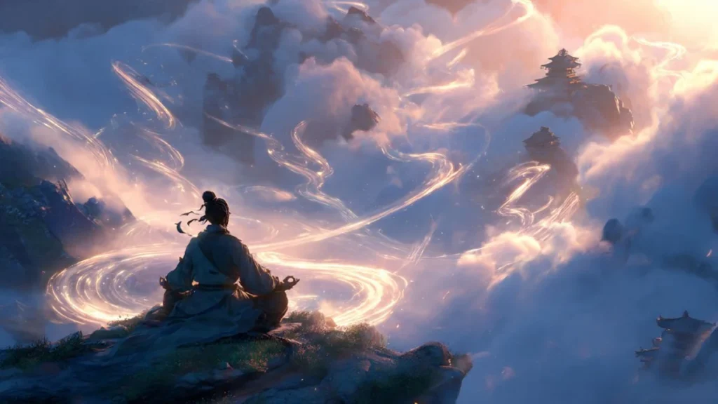 a cultivator absorbing vital energy at a mountain peak.