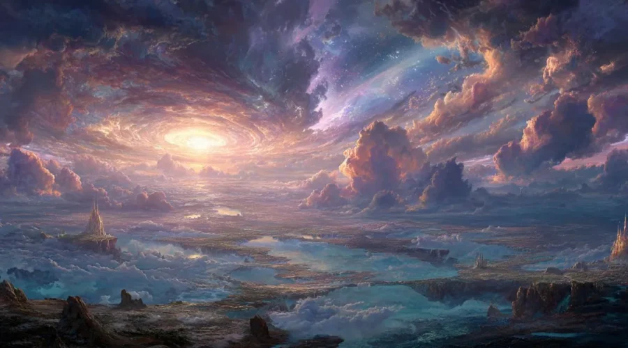 Realm meaning is illustrated through multiple-layered fantasy worlds, including mortal, immortal, and divine realms