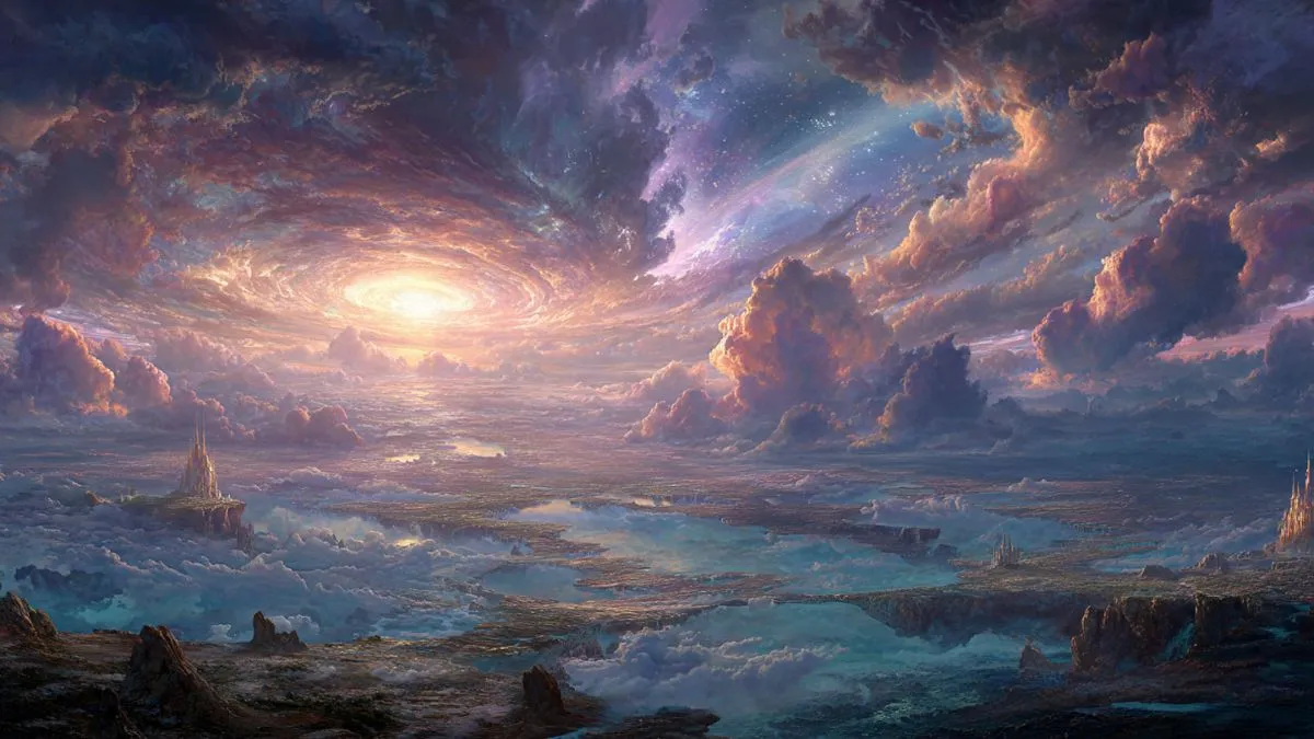 Realm meaning is illustrated through multiple-layered fantasy worlds, including mortal, immortal, and divine realms