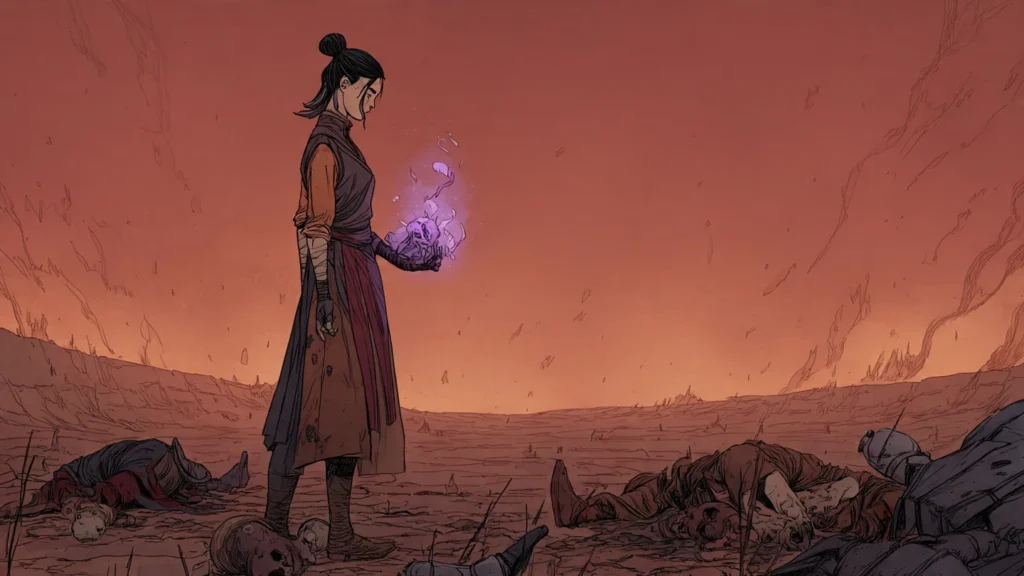 Lone cultivator holding a glowing violet Gu worm in a barren landscape from Reverend Insanity xianxia