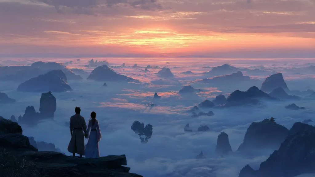 A couple standing together on a mountain peak watching the sunrise over a vast fantasy world with floating islands and glowing qi lines