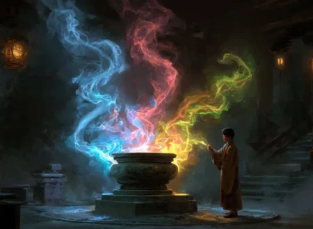 A glowing five-element spiritual roots testing stone inside a sect hall with swirling elemental qi energy