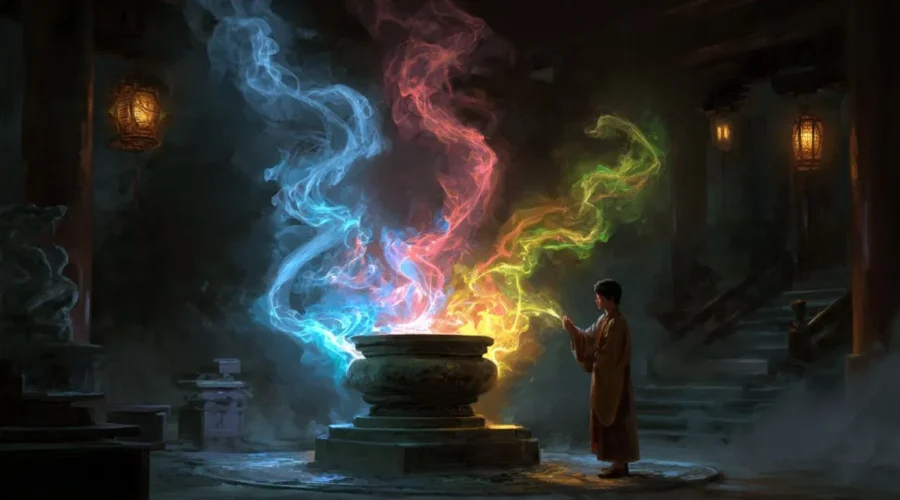 A glowing five-element spiritual roots testing stone inside a sect hall with swirling elemental qi energy