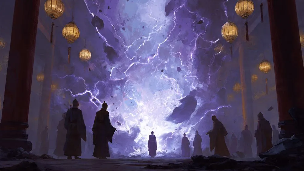 A spirit testing stone shattering in a burst of dark lightning energy during a mutant spiritual root