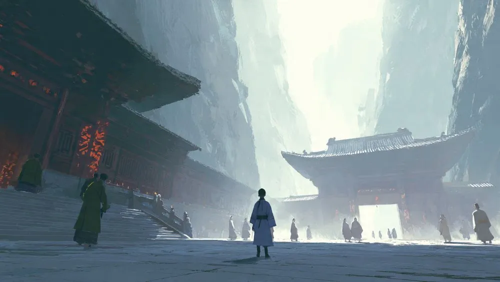 A young cultivation novel protagonist standing alone before a grand sect gate