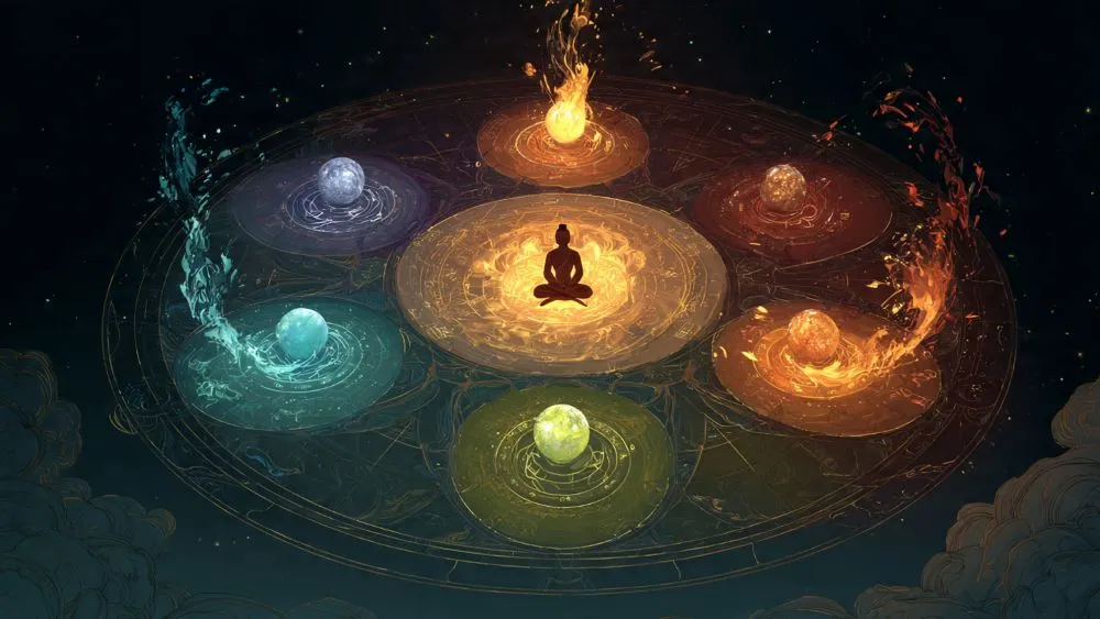 A five-element mandala showing fire, water, wood, metal, and earth qi orbs connected by energy lines